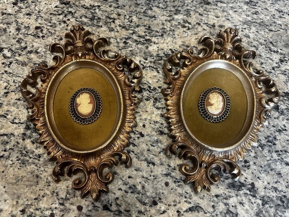 Pair Of Vintage framed Burwood Arabesque Cameo Wall Hanging Art